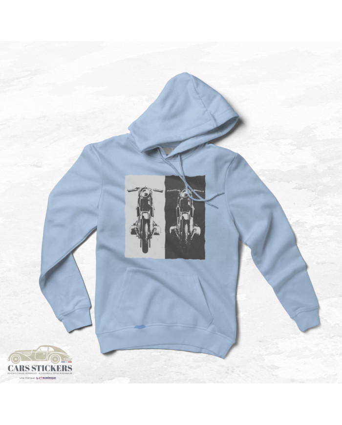 Sweat à capuche Bleu ciel avec motif de moto en noir & blanc pour afficher ta passion pour les bécanes !