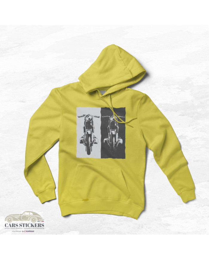 Sweat à capuche jaune avec motif : affiche ta passion pour les bécanes !