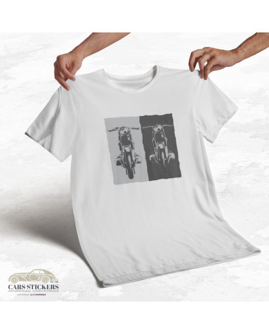 T-shirt blanc à col rond - Motos contrastées