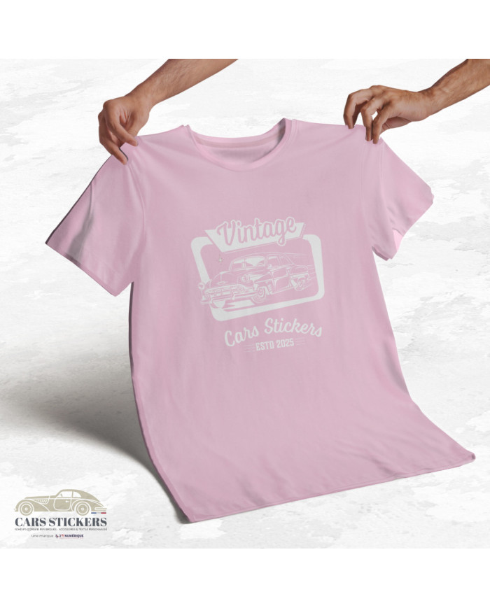 T-shirt rose pâle à col rond - Vintage Cars Stickers blanc