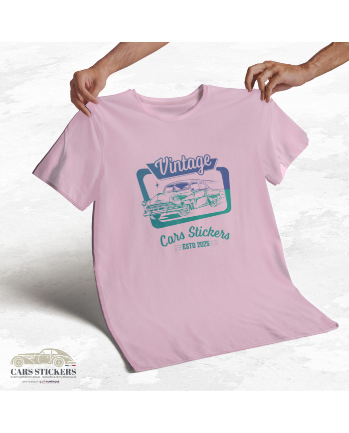 T-shirt rose pâle à col rond - Vintage Cars Stickers vert et bleu