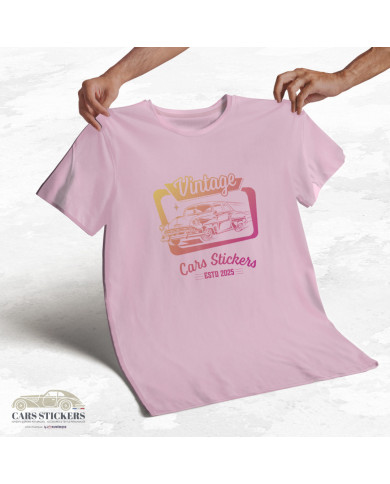 T-shirt rose pâle à col rond - Vintage Cars Stickers orange et rose