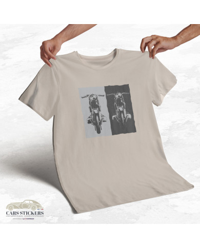 T-shirt beige à col rond - Motos contrastées