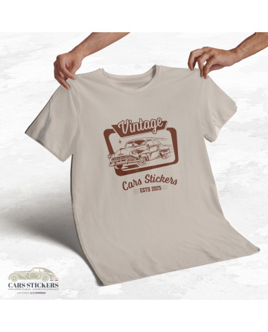 T-shirt beige à col rond - Vintage Cars Stickers Bordeaux