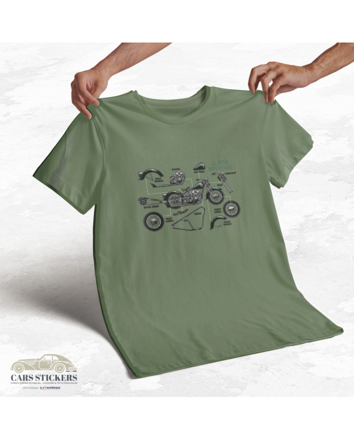 T-shirt vert kaki à col rond - Mécanique Motorbike