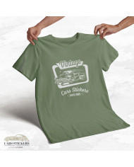 T-shirt vert kaki à col rond - Vintage Cars Stickers blanc