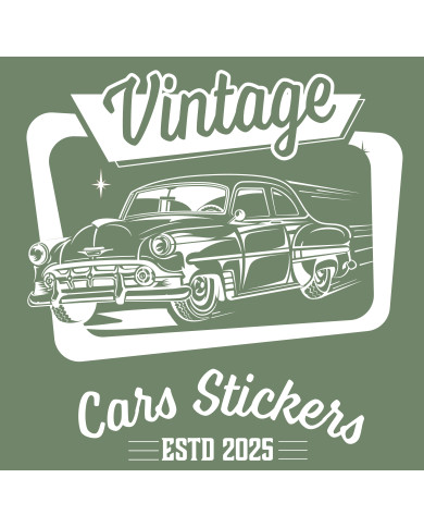 T-shirt vert kaki à col rond - Vintage Cars Stickers blanc