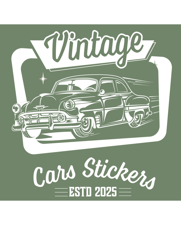 T-shirt vert kaki à col rond - Vintage Cars Stickers blanc