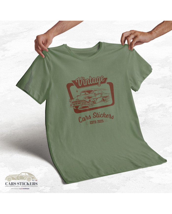 T-shirt vert kaki à col rond - Vintage Cars Stickers Bordeaux