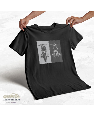 T-shirt noir à col rond - Motos contrastées
