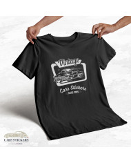 T-shirt noir à col rond - Vintage Cars Stickers blanc