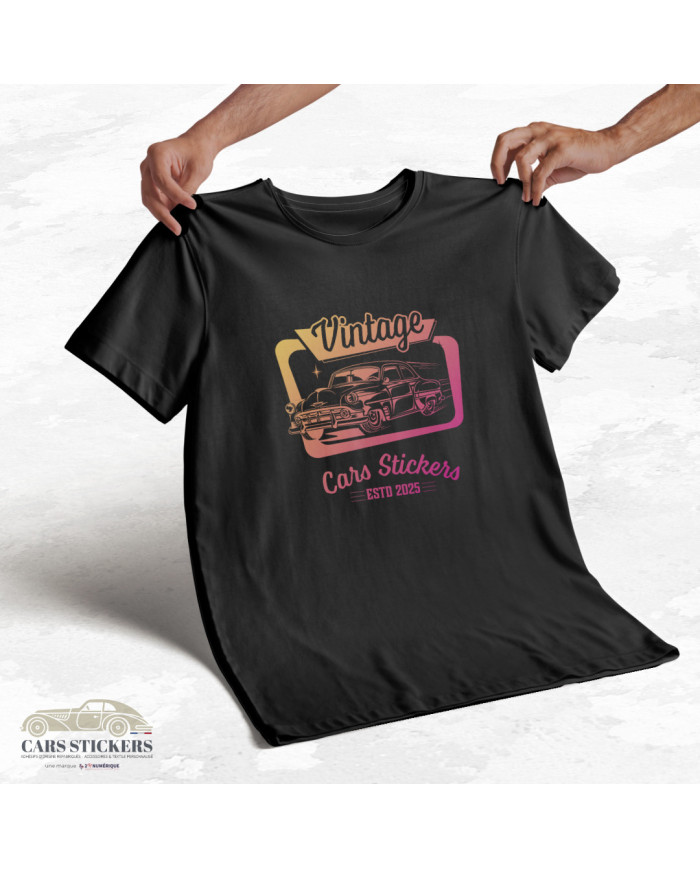 T-shirt noir à col rond - Vintage Cars Stickers orange et rose