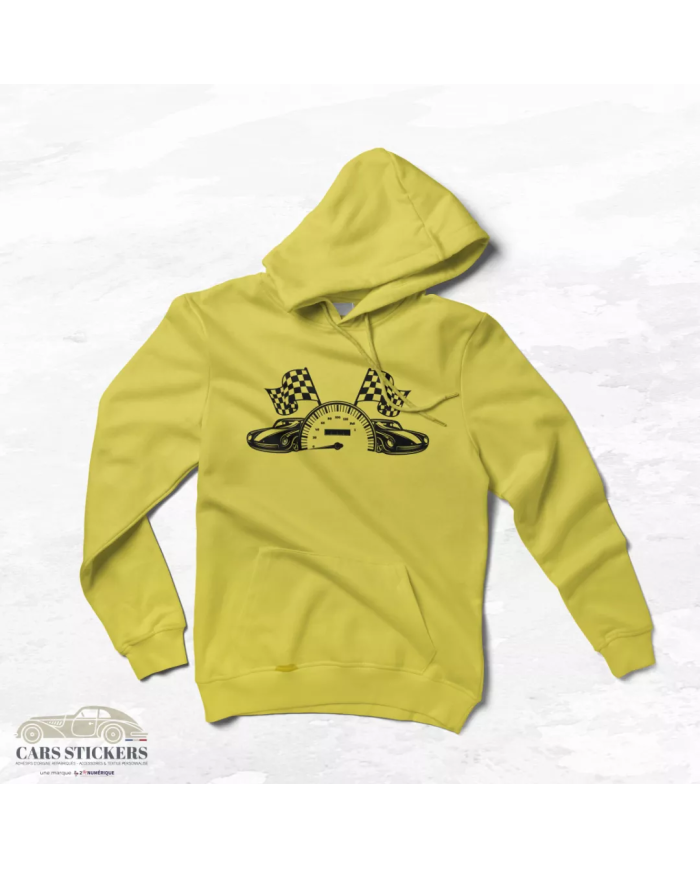 Sweat à capuche jaune avec motif compteur et drapeaux de course pour passionnés de sport automobile