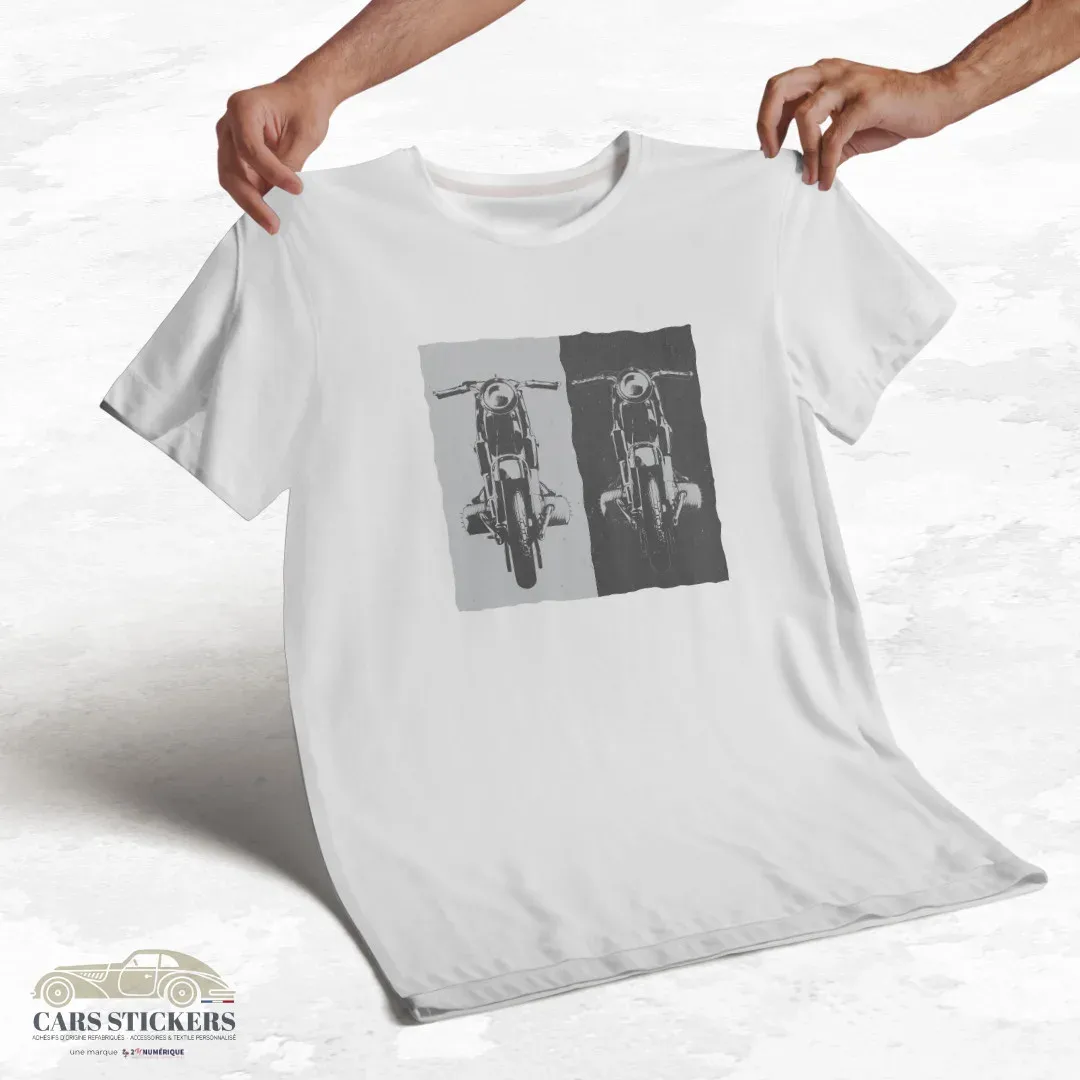 T-shirt blanc à col rond - Motos contrastées