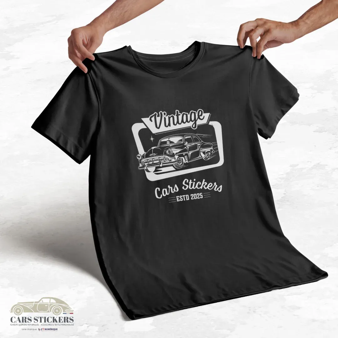 T-shirt noir à col rond - Vintage Cars Stickers blanc