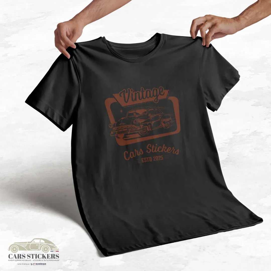 T-shirt noir à col rond - Vintage Cars Stickers Bordeaux