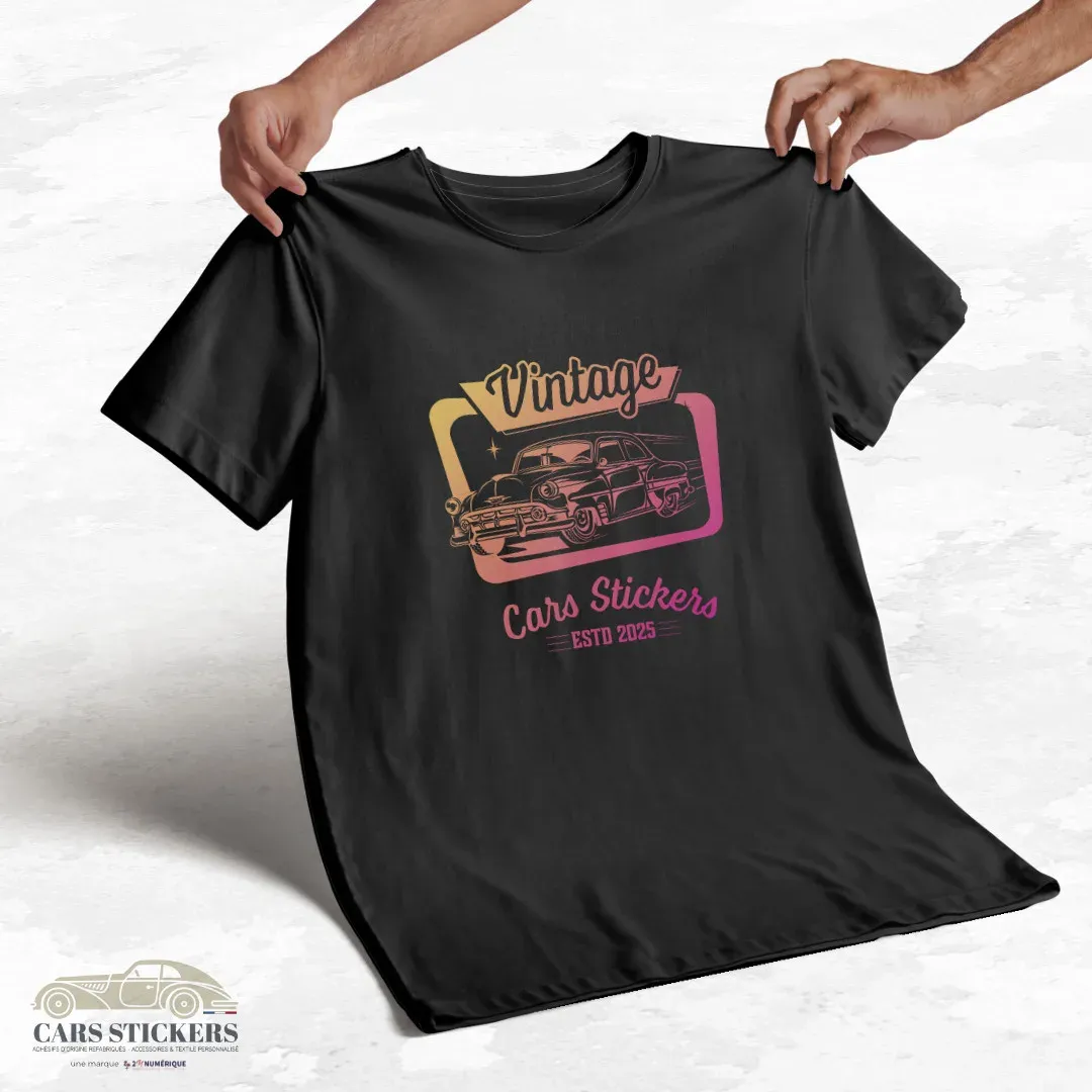 T-shirt noir à col rond - Vintage Cars Stickers orange et rose