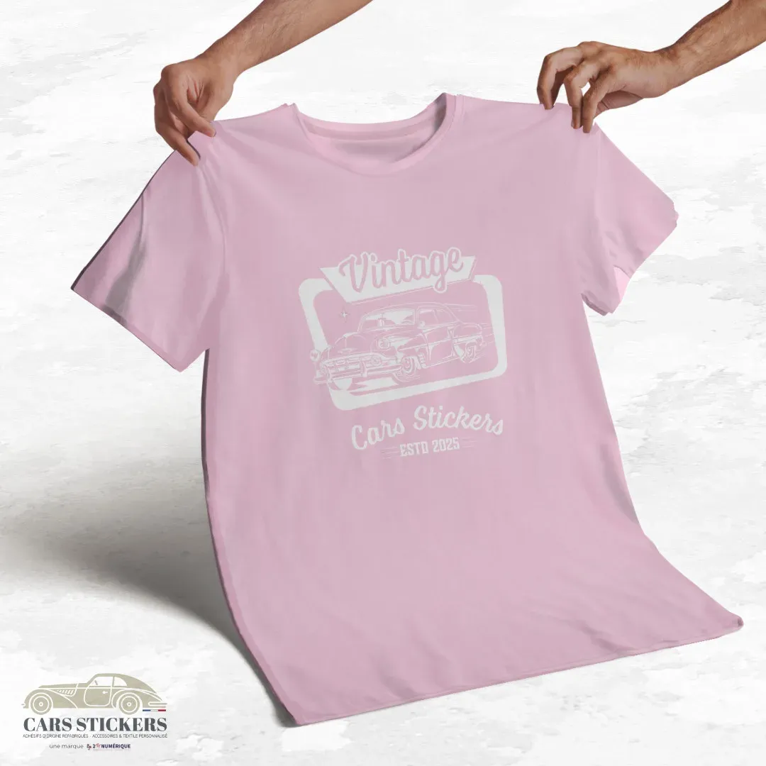 T-shirt rose pâle à col rond - Vintage Cars Stickers blanc