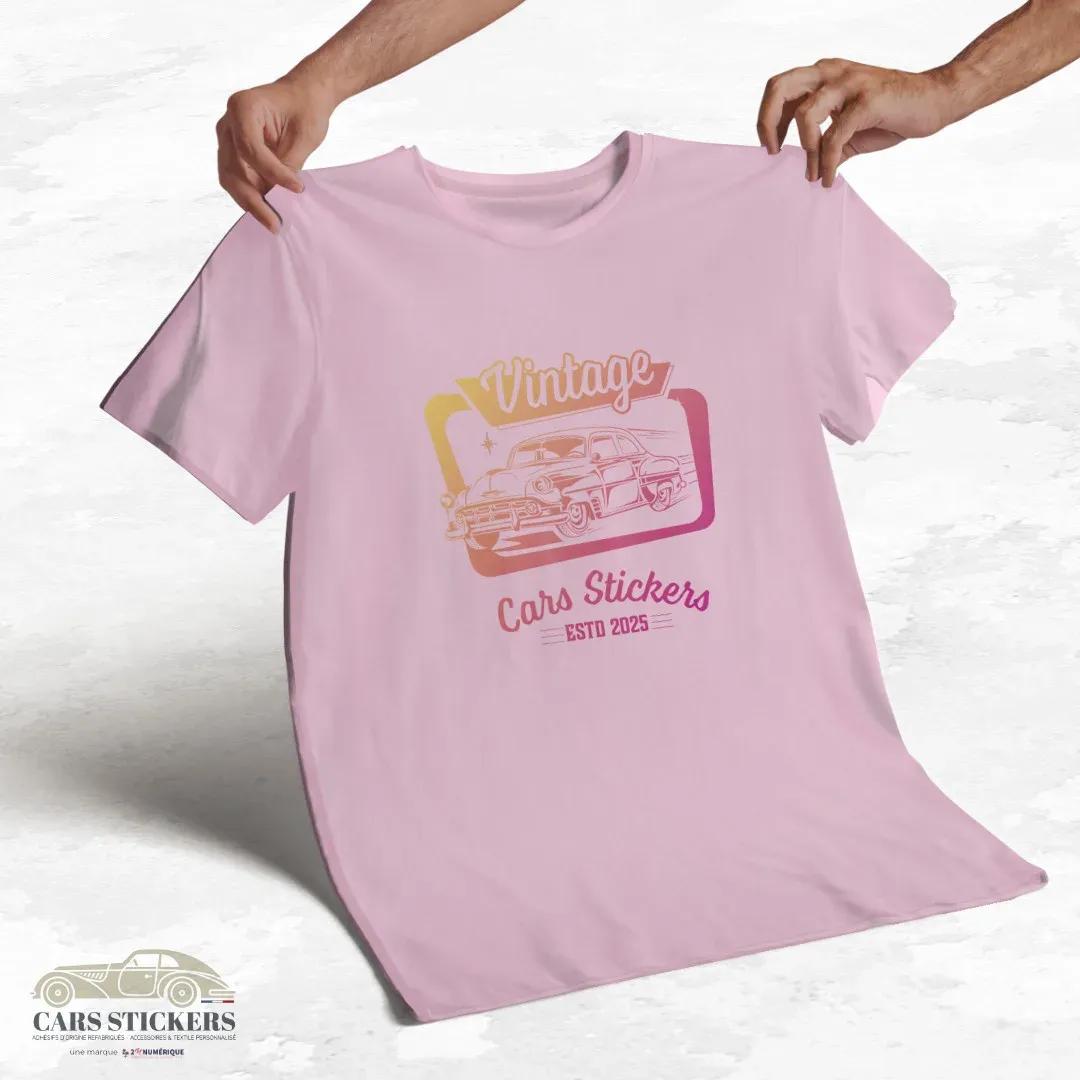 T-shirt rose pâle à col rond - Vintage Cars Stickers orange et rose