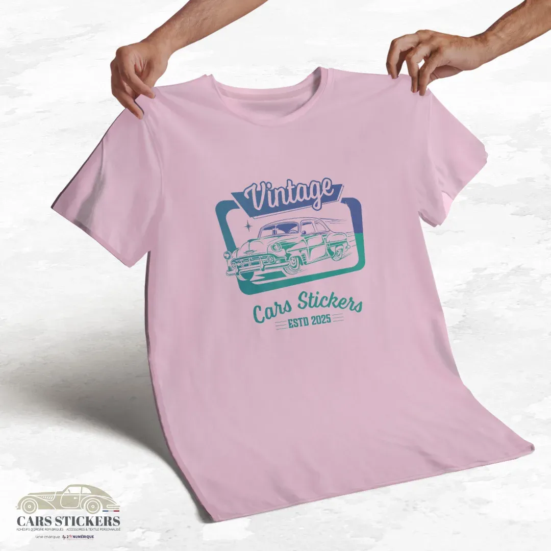 T-shirt rose pâle à col rond - Vintage Cars Stickers vert et bleu