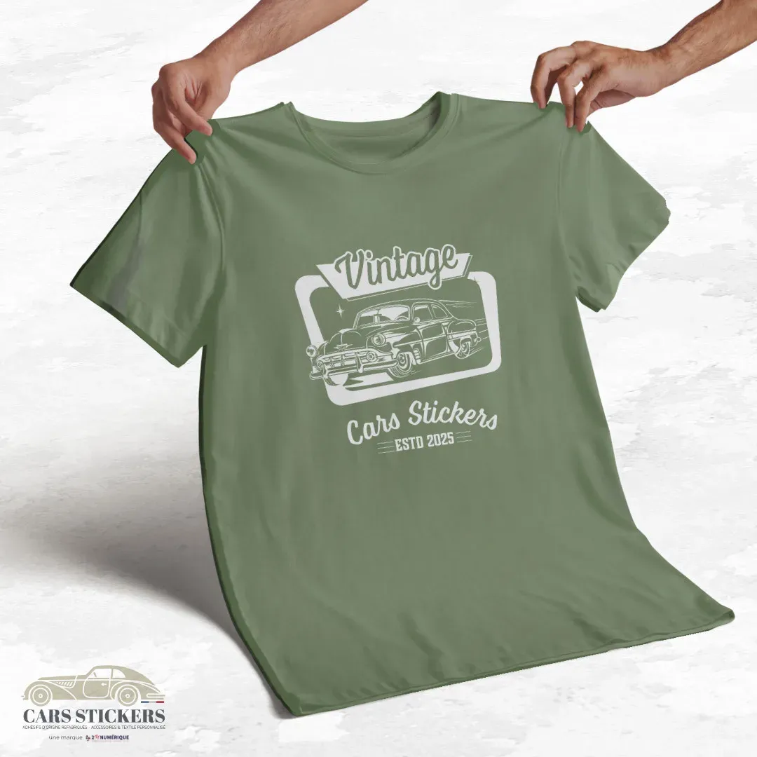 T-shirt vert kaki à col rond - Vintage Cars Stickers blanc