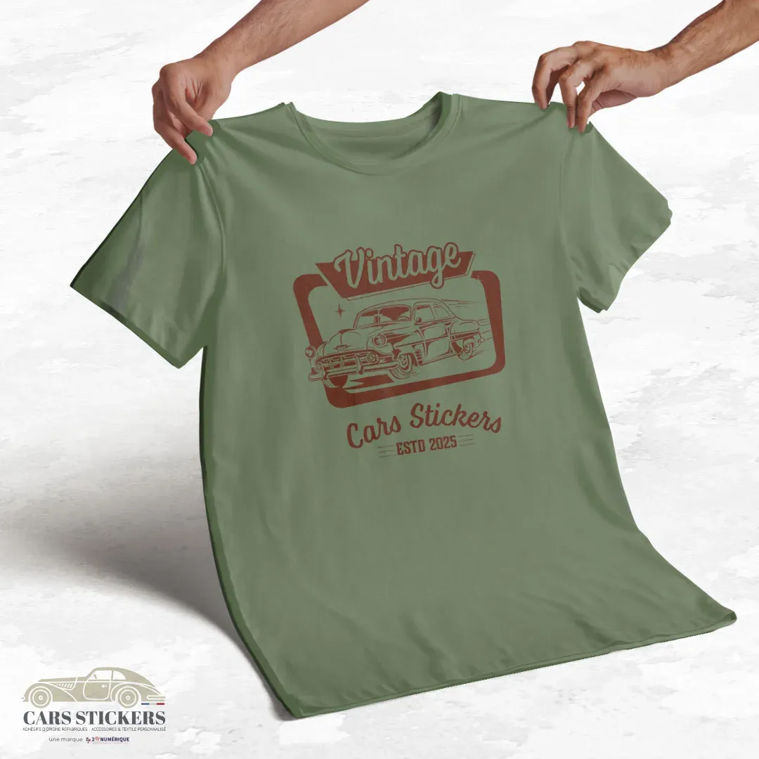 T-shirt vert kaki à col rond - Vintage Cars Stickers Bordeaux