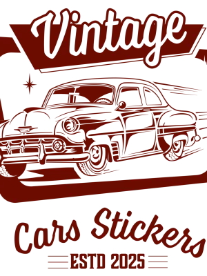 T-shirt blanc à col rond - Vintage Cars Stickers Bordeaux