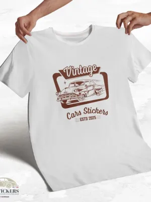 T-shirt blanc à col rond - Vintage Cars Stickers Bordeaux