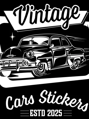 T-shirt noir à col rond - Vintage Cars Stickers blanc