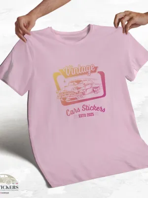 T-shirt rose pâle à col rond - Vintage Cars Stickers orange et rose