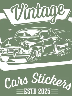 T-shirt vert kaki à col rond - Vintage Cars Stickers blanc