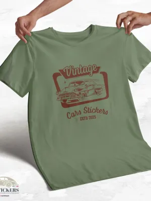 T-shirt vert kaki à col rond - Vintage Cars Stickers Bordeaux