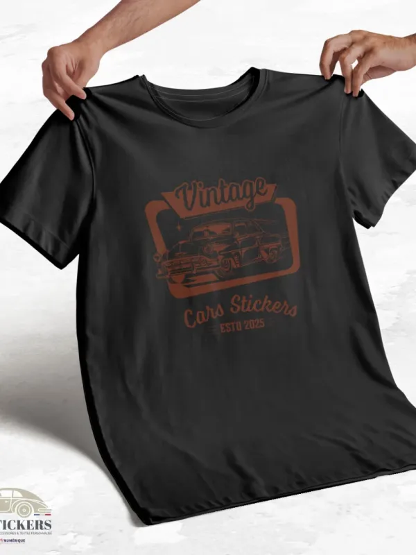 T-shirt noir à col rond - Vintage Cars Stickers Bordeaux