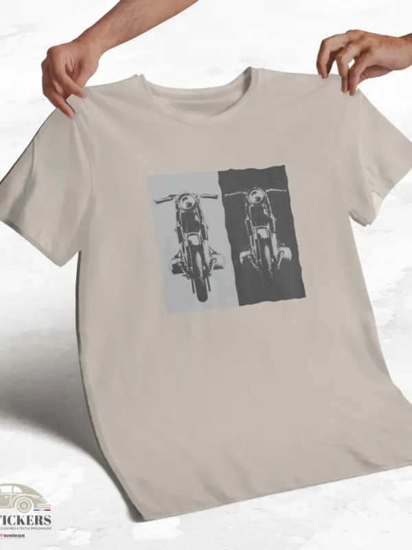T-shirt beige à col rond - Motos contrastées