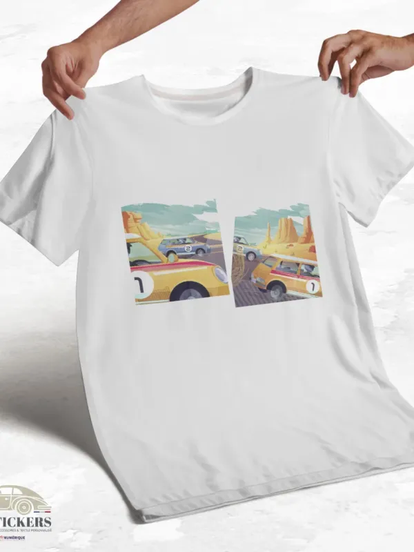 T-shirt blanc à col rond - Course de voitures pop