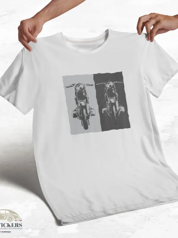T-shirt blanc à col rond - Motos contrastées