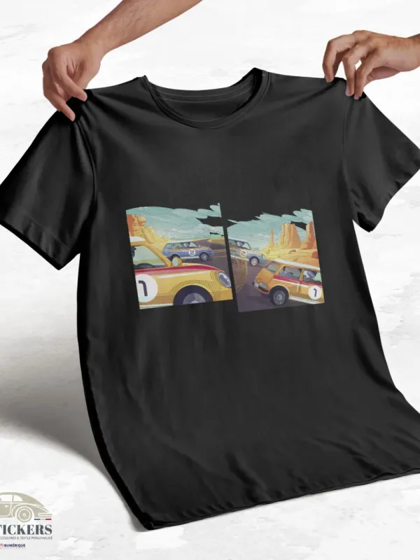 T-shirt noir à col rond - Course de voitures pop