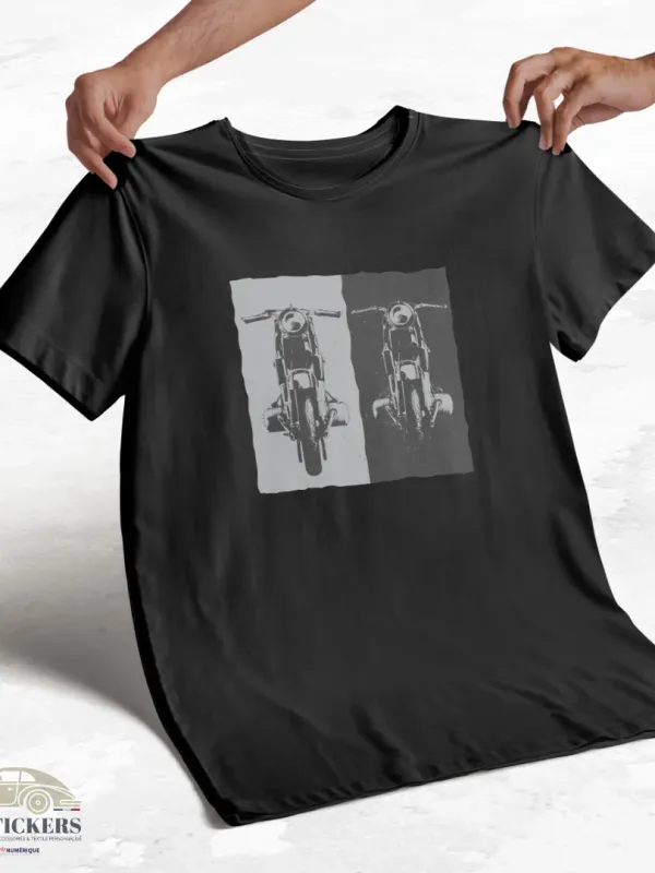 T-shirt noir à col rond - Motos contrastées