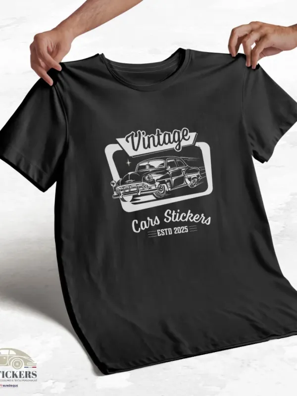 T-shirt noir à col rond - Vintage Cars Stickers blanc