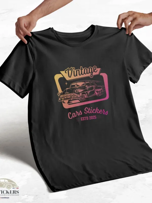 T-shirt noir à col rond - Vintage Cars Stickers orange et rose