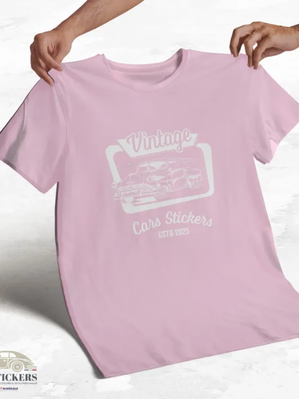 T-shirt rose pâle à col rond - Vintage Cars Stickers blanc