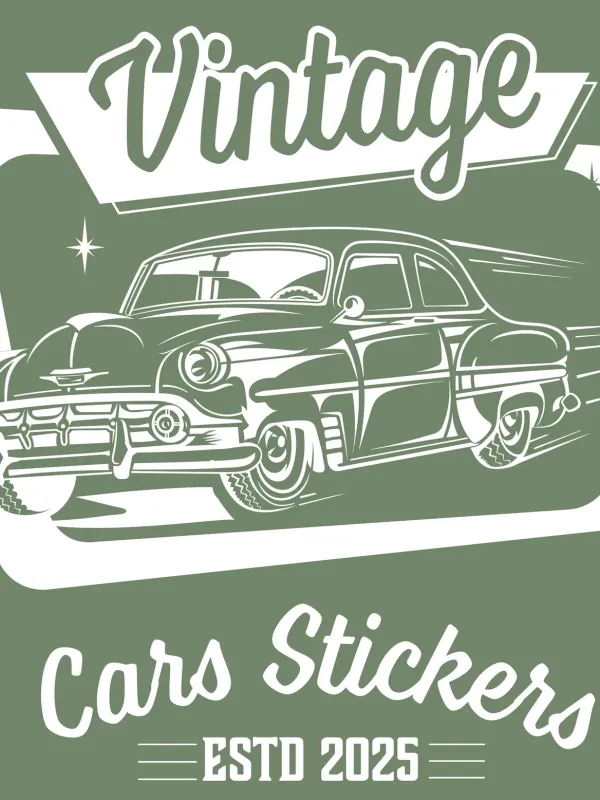 T-shirt vert kaki à col rond - Vintage Cars Stickers blanc